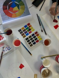 A top-view of an artist's workspace featuring paints, brushes, color wheel, and creative materials.