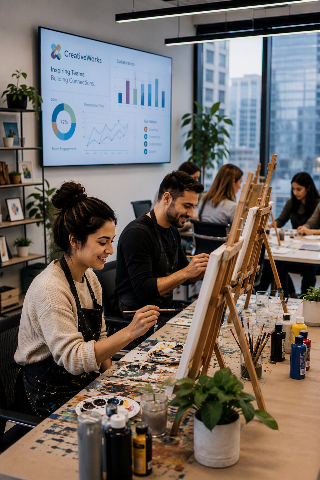 Employees participating in a corporate art workshop in a modern office while a presentation screen displays business charts and company branding in the background.