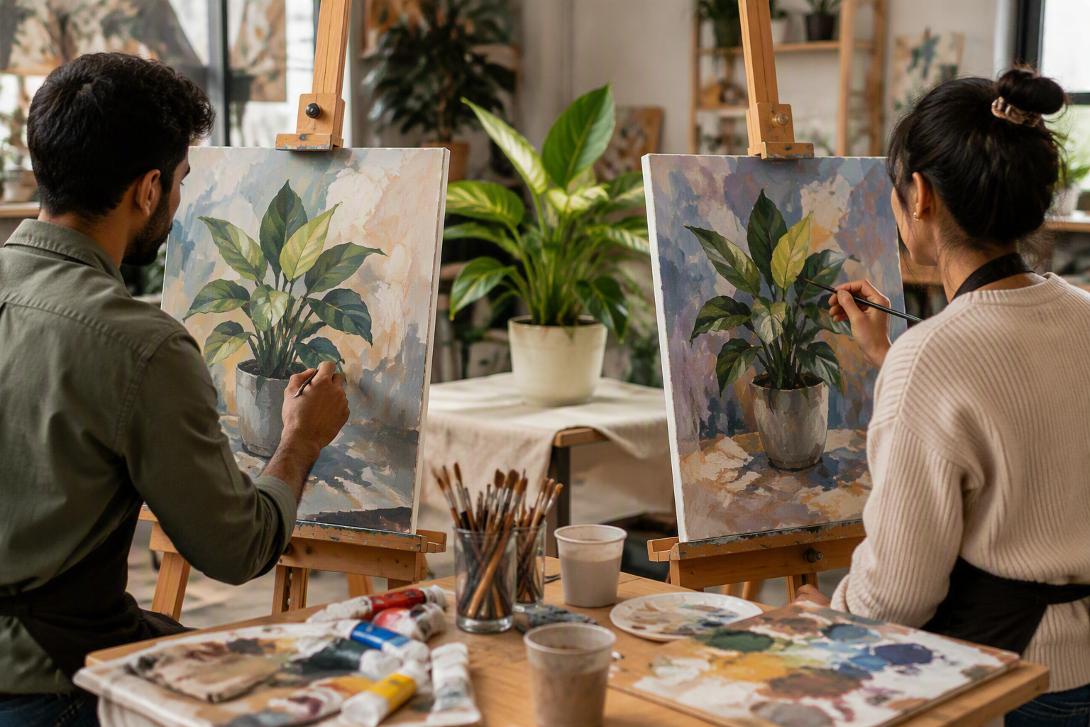 Two participants painting the same potted plant on separate canvases, showcasing different artistic styles during a collaborative art workshop.